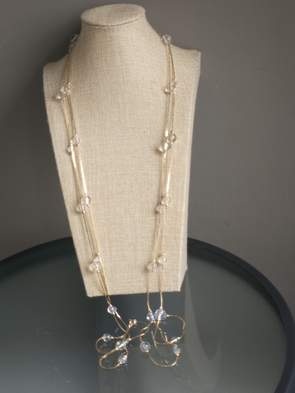 Vintage NOS Delicate Gold-Tone & Crystal-Look Bead Station Necklace | 80" Long